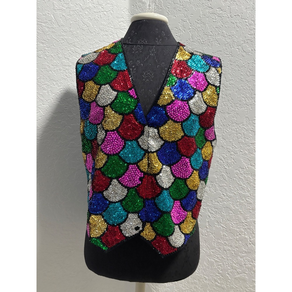 Vintage JC 001 USA Sequin Vest Multicolor Mermaid Scale Hand Made Medium